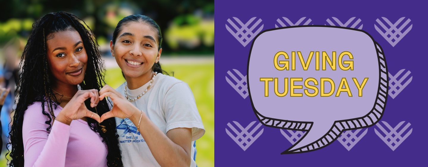 Two women making a heart with their hands. Giving Tuesday is in a speech bubble.