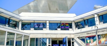 Student Center with pride posters in the windows